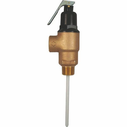 Bronze relief valve with black cap and lever handle, 3/4" connection with threaded inlet and side outlet.