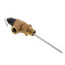 Brass temperature and pressure relief valve with 3/4 inch connection and metal probe, angled view.