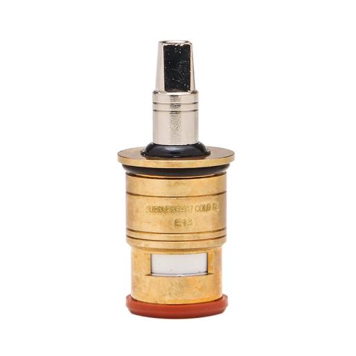 Brass ceramic disc cartridge with short stem, black control knob, and red rubber base seal.