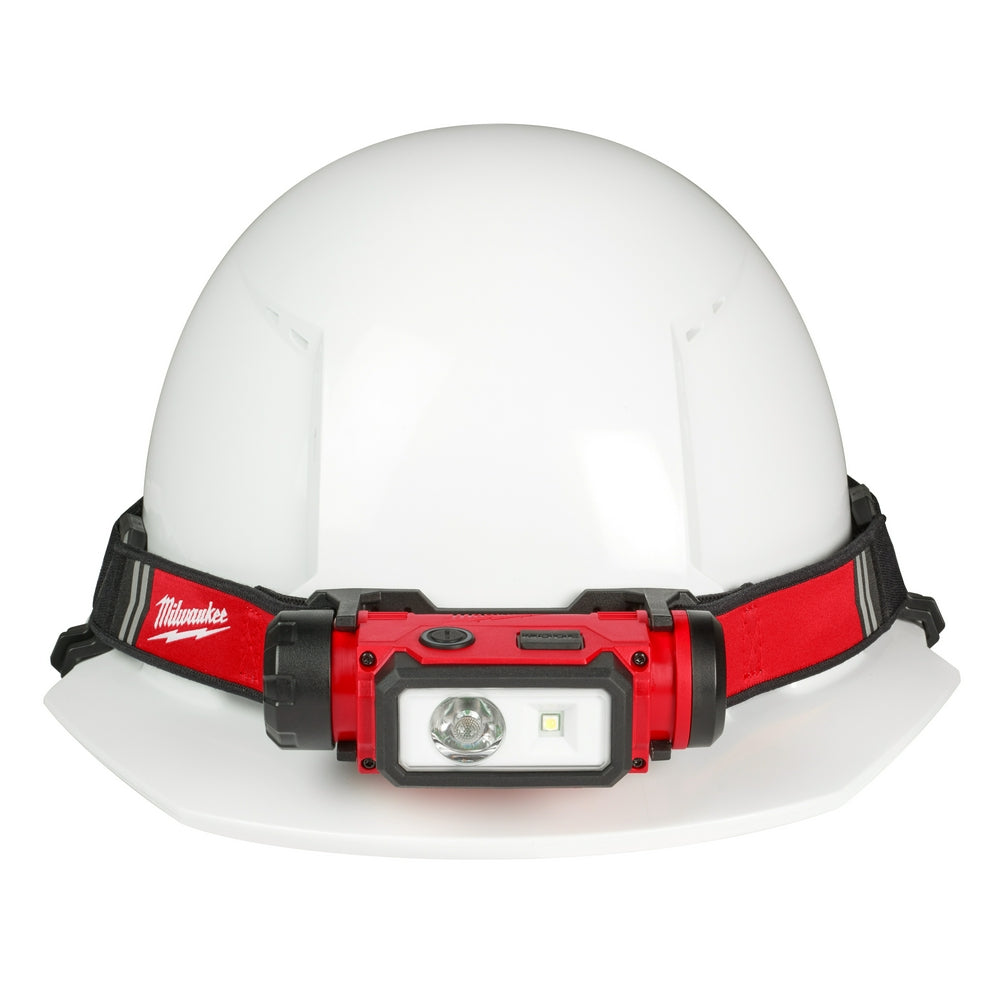 White hard hat with red and black headlamp unit mounted on front featuring LED light and control buttons.