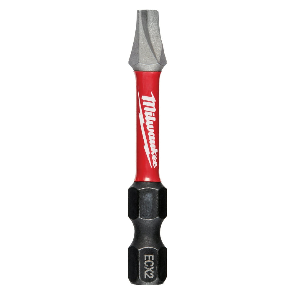 Milwaukee Shockwave 2-inch impact power bit with gray tip, red and black shaft, and ECX2 marking on black end.