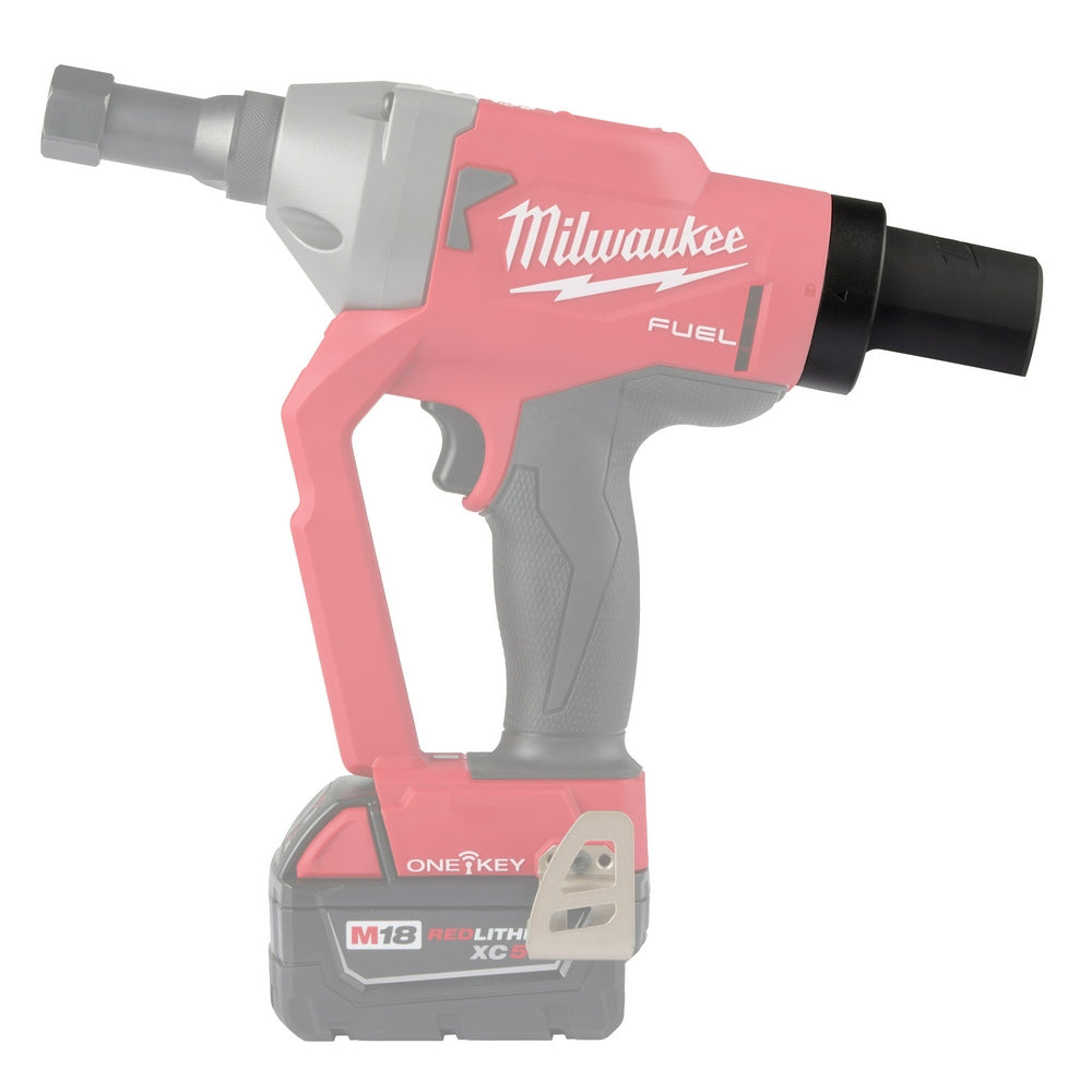 Milwaukee M18 FUEL cordless rivet tool with red and gray housing and black grip, shown at angle.