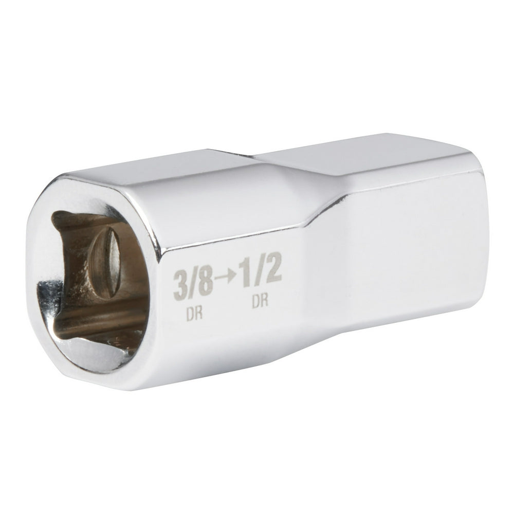 Chrome socket adapter with 3/8" female and 1/2" male drive ends, marked "3/8→1/2 DR".