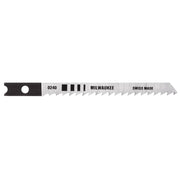 Milwaukee 0240 jig saw blade with black shank and serrated metal cutting edge, marked "Swiss Made."