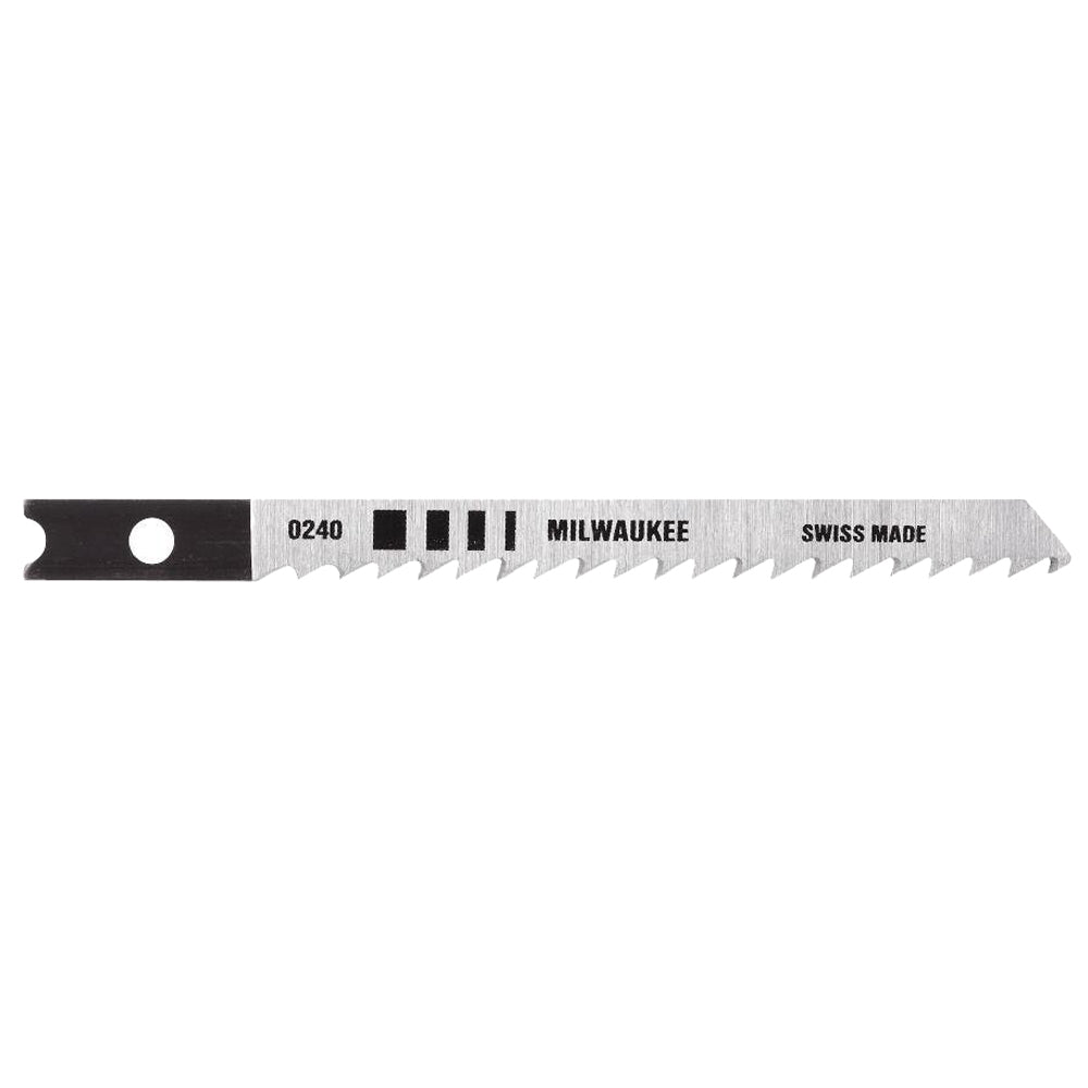 Milwaukee 0240 jig saw blade with black shank and serrated metal cutting edge, marked "Swiss Made."