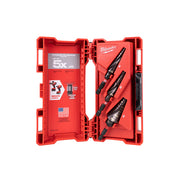 Three black Milwaukee step drill bits with red case open displaying titanium aluminum construction and 5x life rating.
