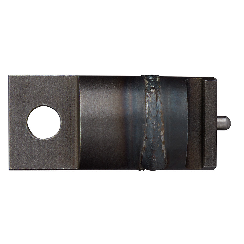 Dark metal anchor adapter with circular hole on left side and cylindrical pin on right side.