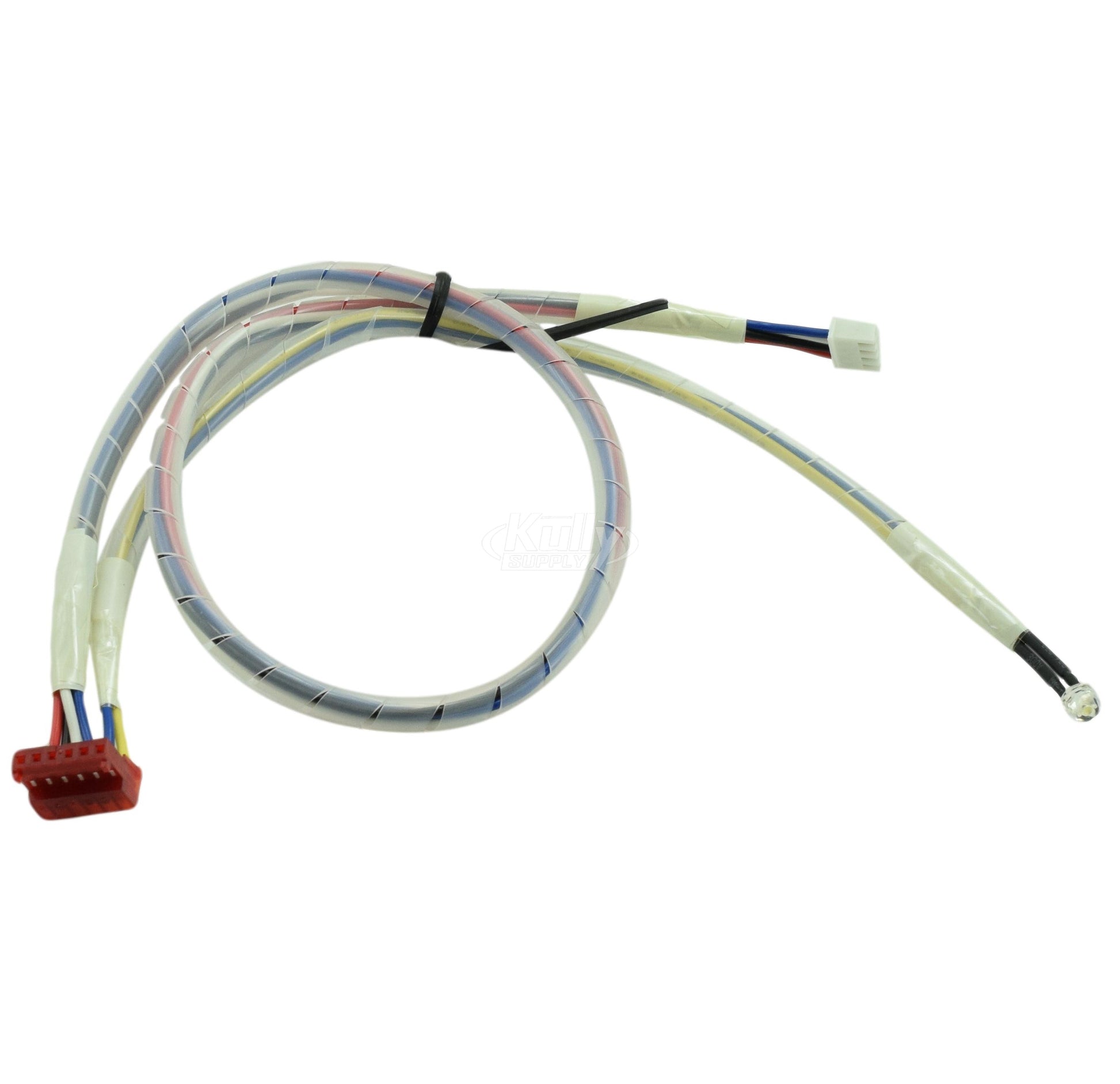 LED harness with coiled gray tubing, red connector on one end and white connector on opposite end.