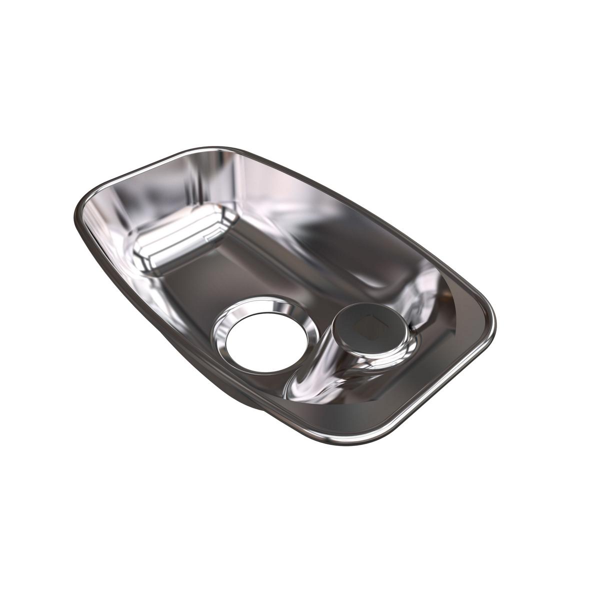 Stainless steel basin with large drain hole and faucet opening on dark rim.