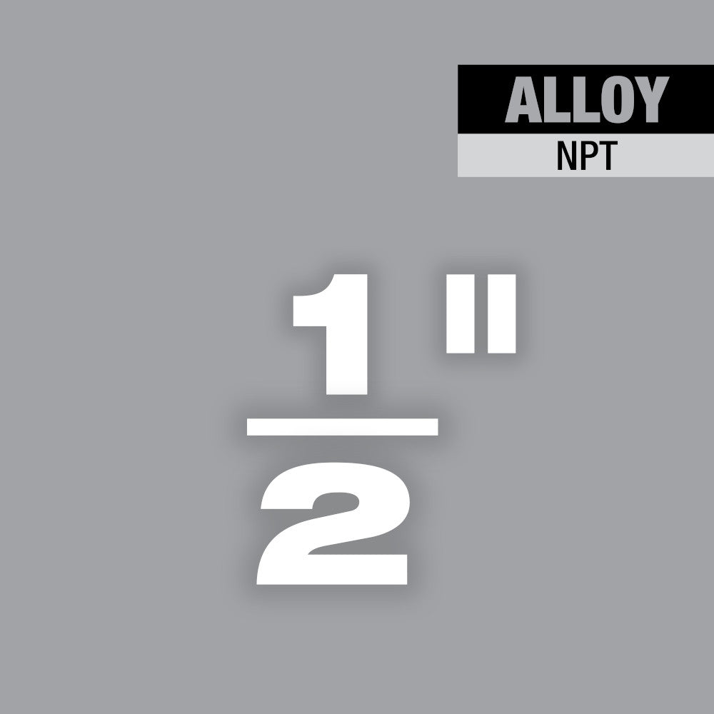 White text on gray background displaying "ALLOY NPT 1" 2" product specification labels.