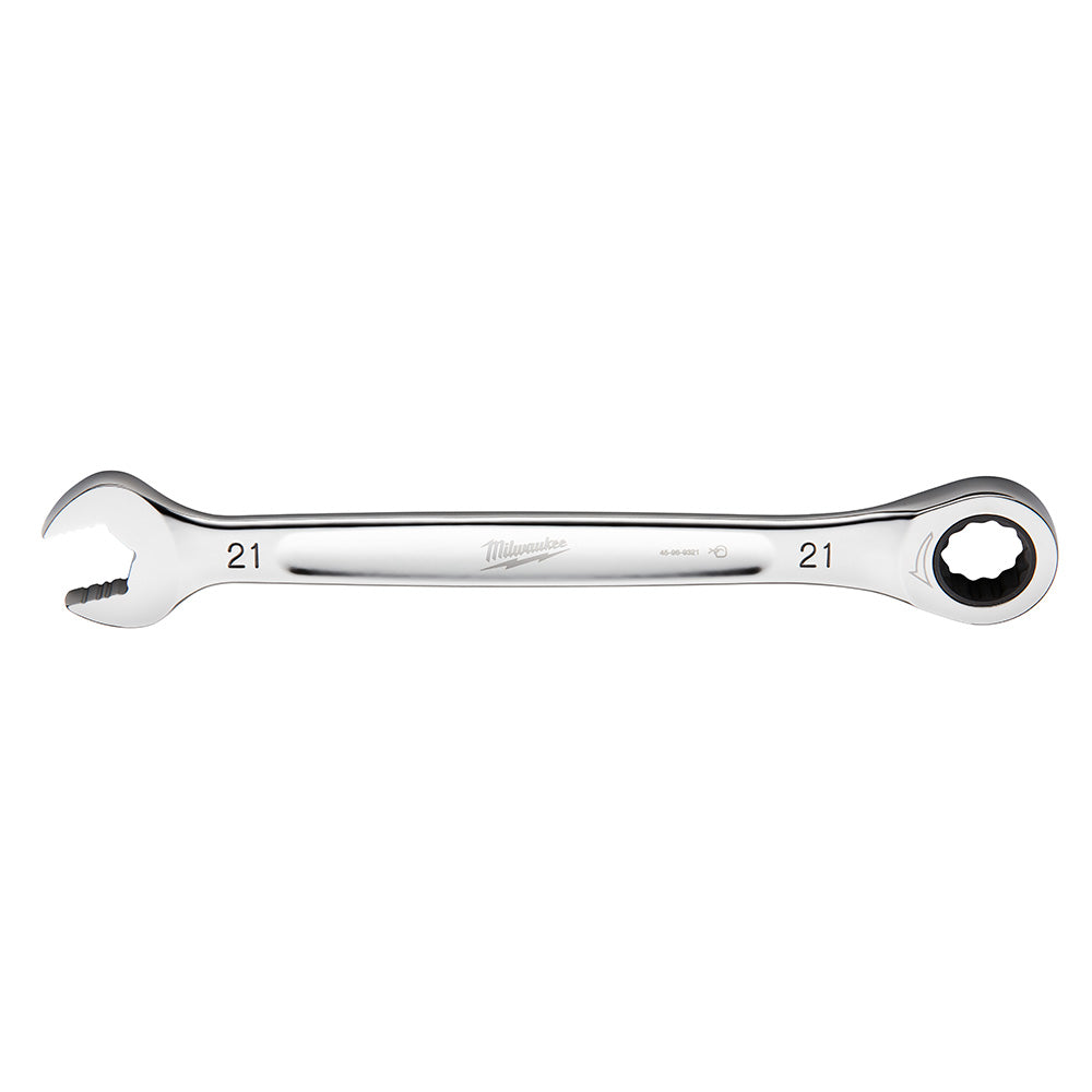 21mm ratcheting combination wrench with open end on left and ratchet socket end on right, marked with size numbers on shaft.