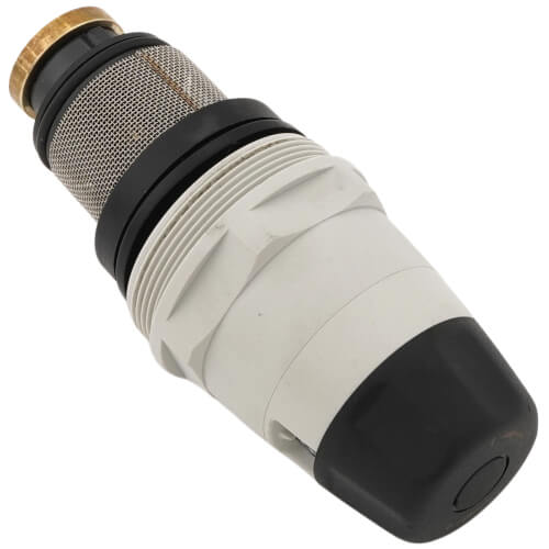 Caleffi replacement cartridge with brass top, metal mesh filter, black rubber seals, and white threaded body with black cap.