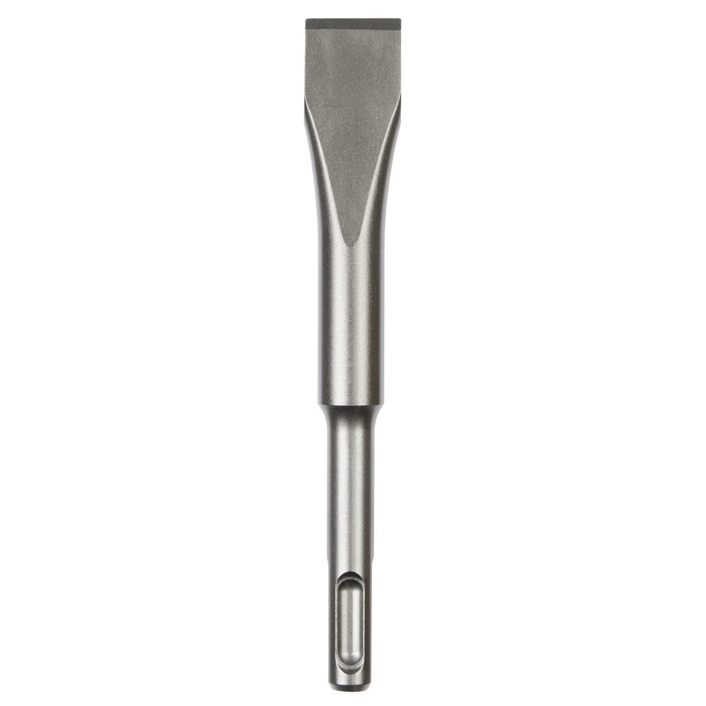 Milwaukee SDS-Plus flat chisel with wide rectangular head and cylindrical shaft on white background.