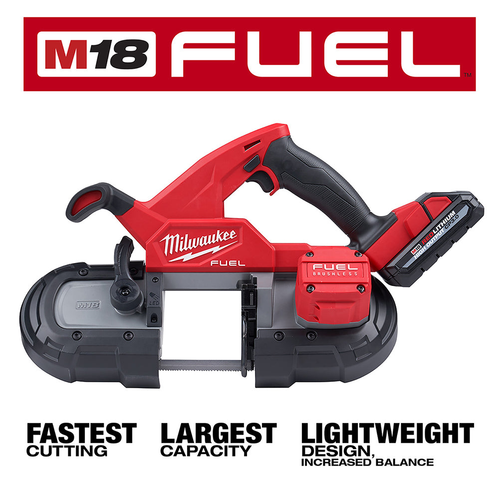 Red and black Milwaukee M18 FUEL compact band saw with battery and charger kit.