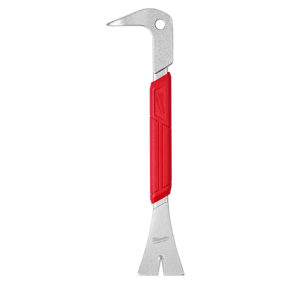 Metal pry bar with curved claw at top and flat forked end at bottom, red grip handle in center.