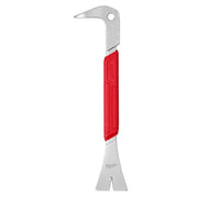 Metal pry bar with curved claw at top and flat forked end at bottom, red grip handle in center.