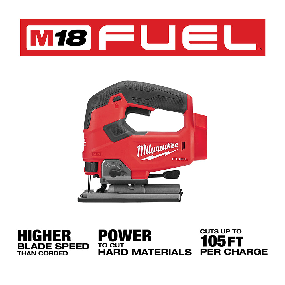 Red and black Milwaukee M18 FUEL jig saw with D-handle grip and flat base plate.