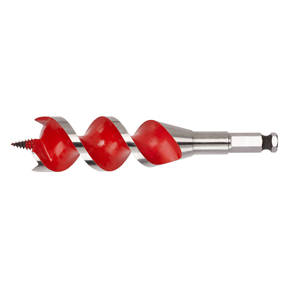 Red and silver auger bit with spiral flutes and pointed tip for drilling holes in wood.