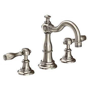 Three-piece widespread lavatory faucet in antique nickel with curved spout and lever handles.