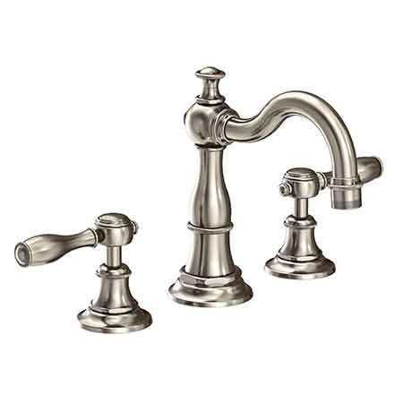 Three-piece widespread lavatory faucet in antique nickel with curved spout and lever handles.