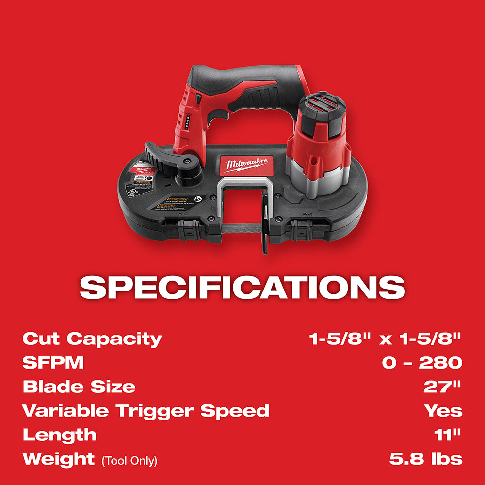 Milwaukee M12 red cordless band saw with black grip handle and battery pack on red background.