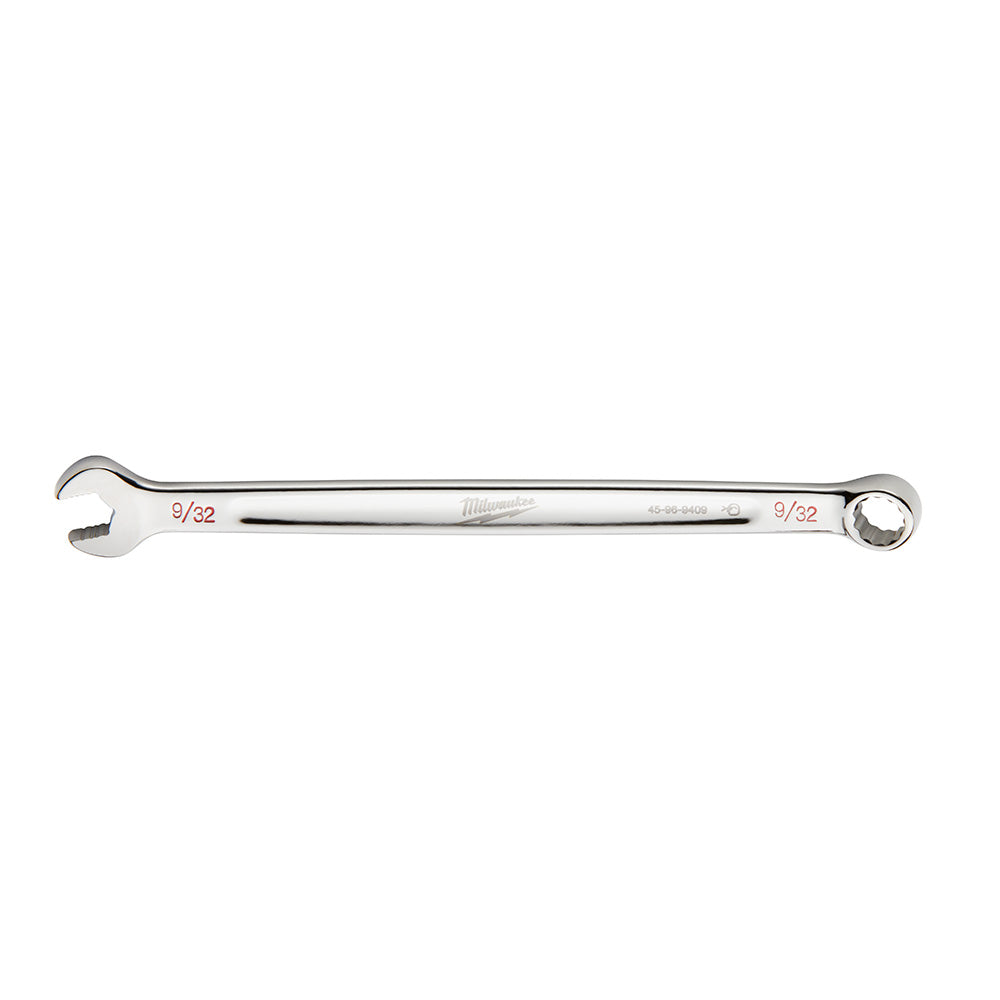 Silver Milwaukee combination wrench with open end on left and closed ring end on right, marked "9/32" on both ends.