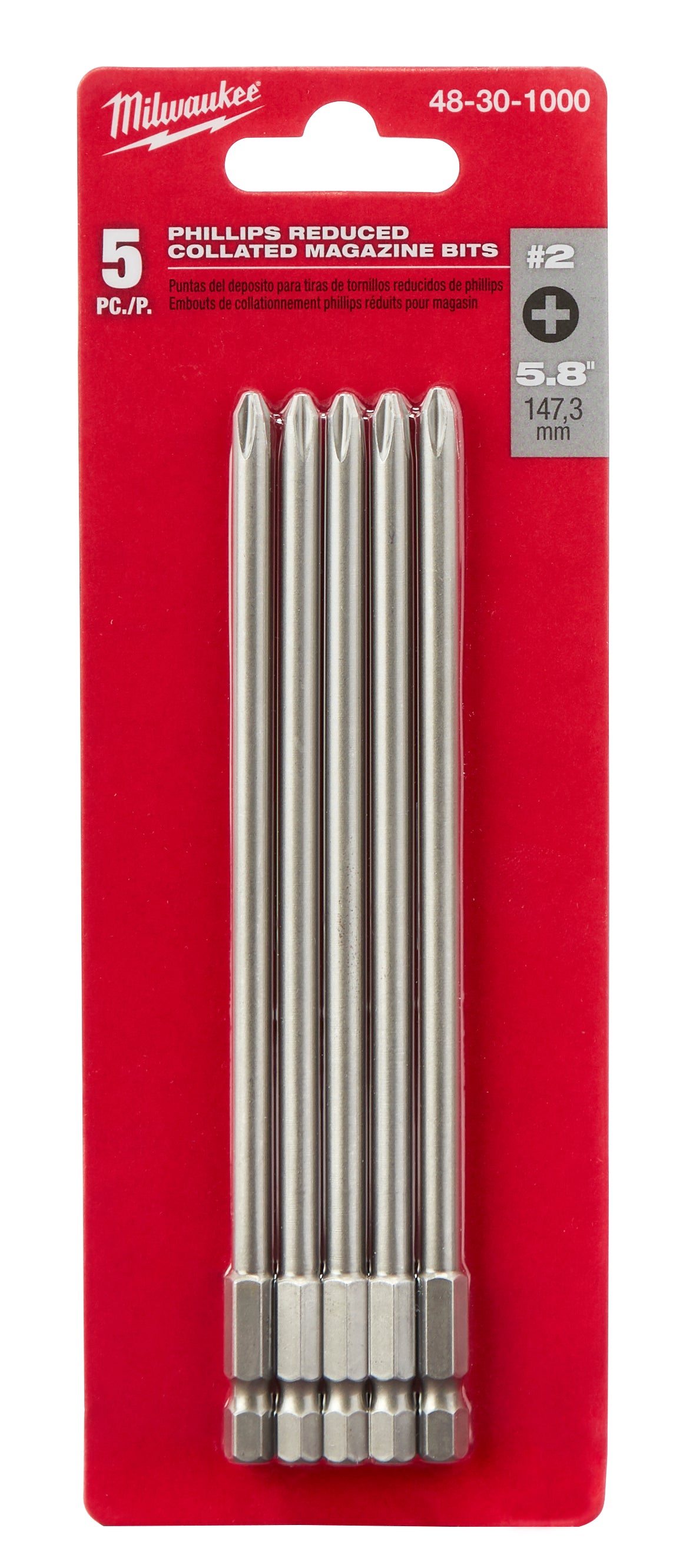 Five silver Phillips #2 reduced collated magazine bits, 5.8 inches long, on red Milwaukee packaging.