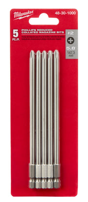 Five silver Phillips #2 reduced collated magazine bits, 5.8 inches long, on red Milwaukee packaging.