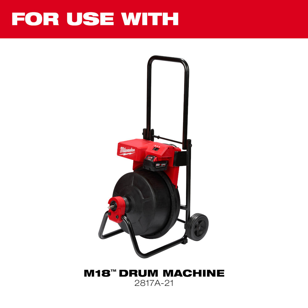 Red and black Milwaukee drum cable on cart with handle and wheels.