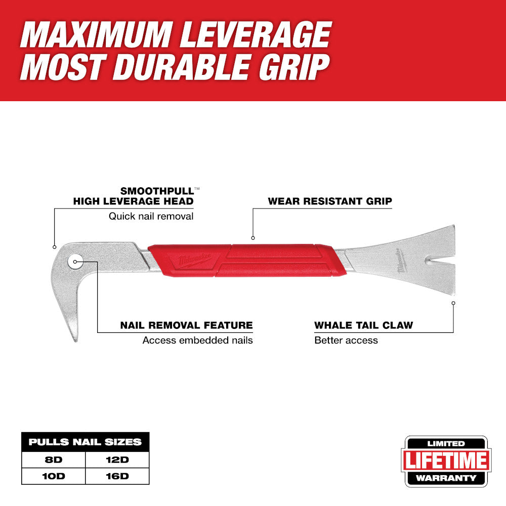 Milwaukee 10" molding puller pry bar with red grip, curved claw head and flat whale tail claw end.