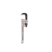 12" aluminum pipe wrench with black handle and adjustable jaw, Milwaukee branding visible on silver shaft.