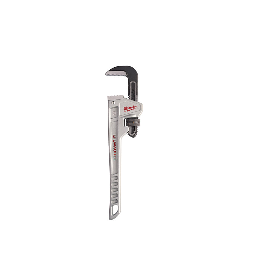 12" aluminum pipe wrench with black handle and adjustable jaw, Milwaukee branding visible on silver shaft.
