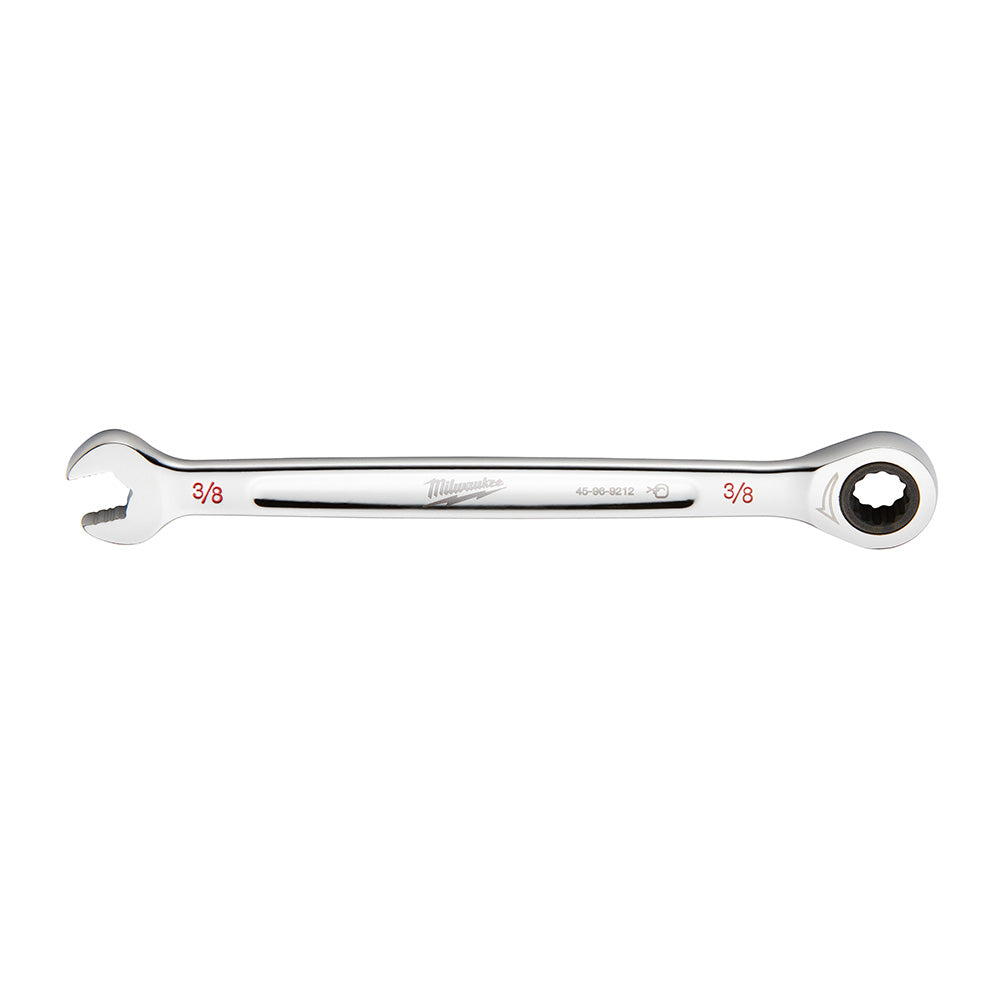 Silver Milwaukee ratcheting combination wrench with open end on left, ratchet head on right, marked 3/8 inch.
