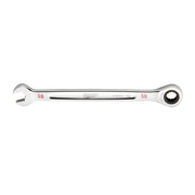 Silver Milwaukee ratcheting combination wrench with open end on left, ratchet head on right, marked 3/8 inch.