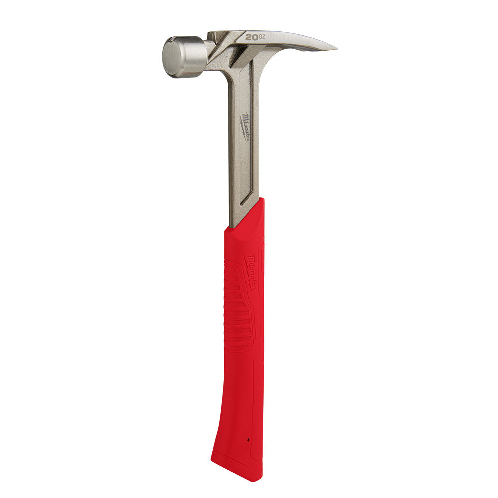 20oz claw hammer with smooth metal head, curved pry end, and red grip handle.