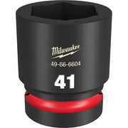 Black Milwaukee 41MM socket with 6-point opening and red grip band, marked with model number 49-66-6604.