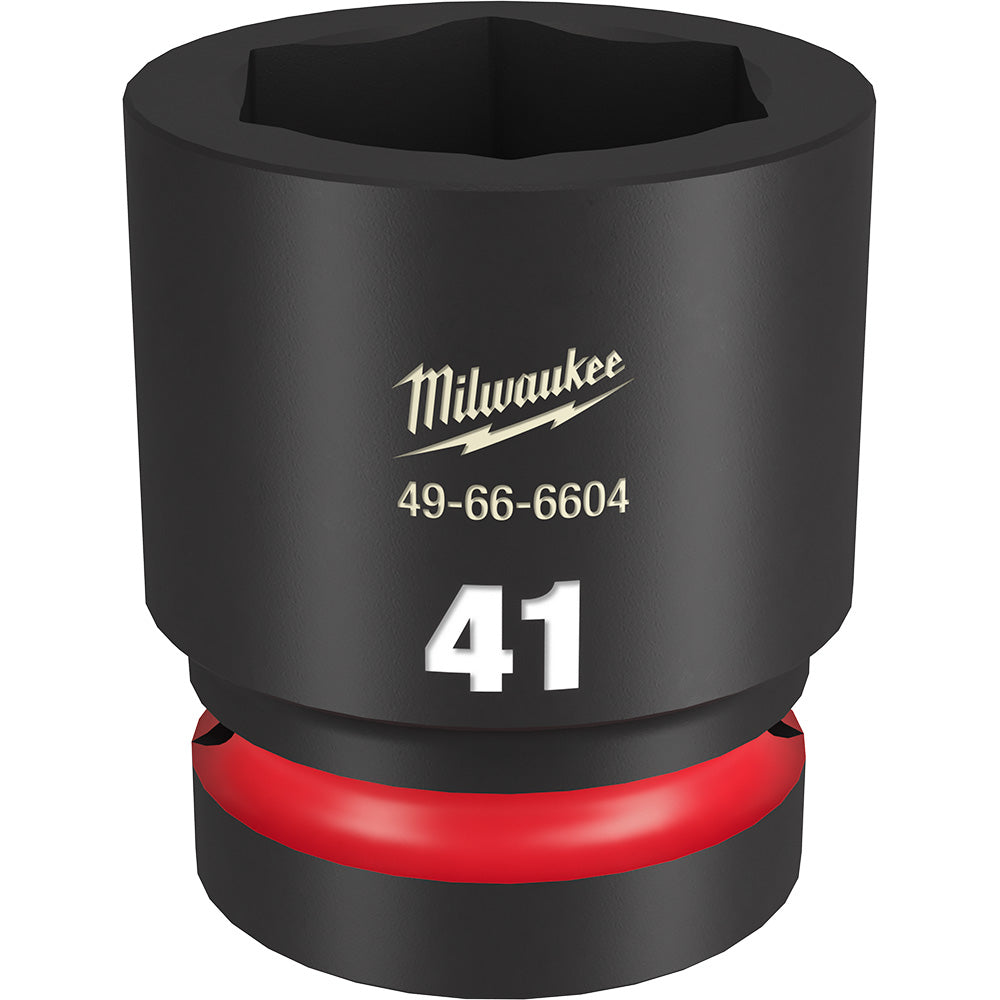 Black Milwaukee 41MM socket with 6-point opening and red grip band, marked with model number 49-66-6604.