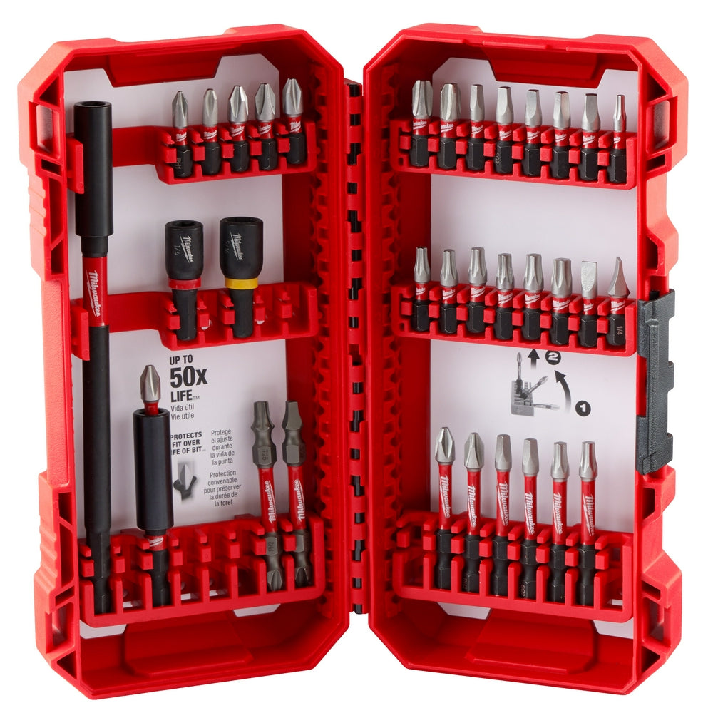 Red carrying case with 34 driver bits in various sizes and two black handles with red and yellow accents.