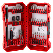 Red carrying case with 34 driver bits in various sizes and two black handles with red and yellow accents.