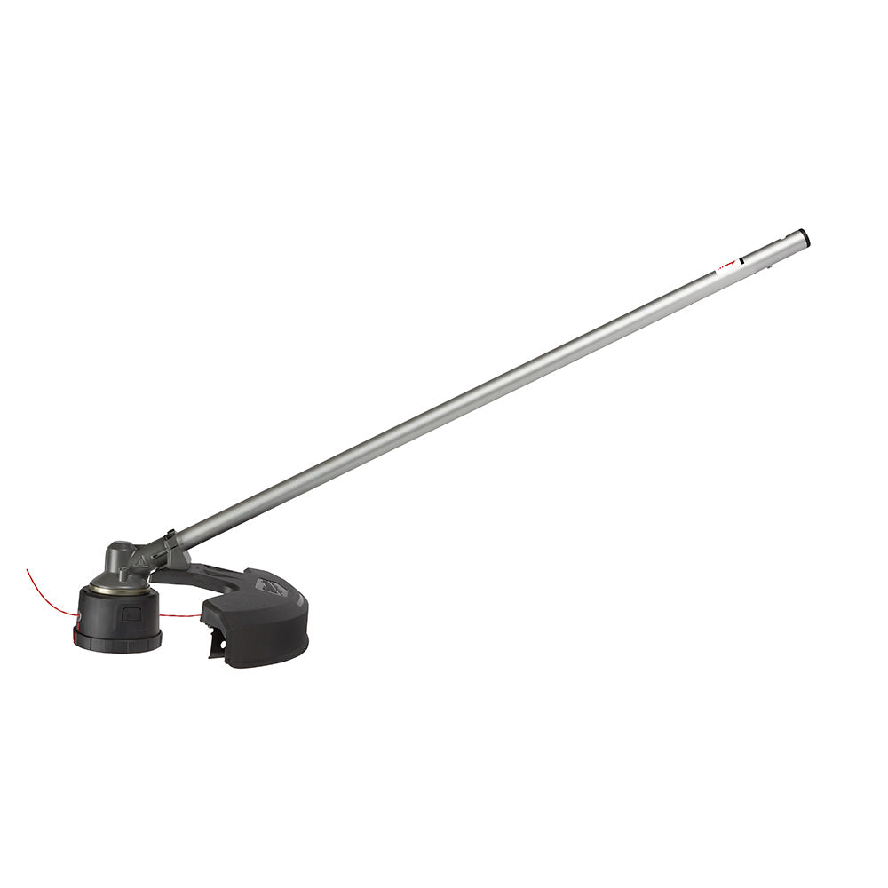 Milwaukee M18 FUEL string trimmer attachment with long shaft, cutting head, and red trimmer line.