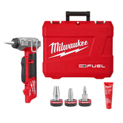 Milwaukee M12 FUEL ProPEX expander tool with red case, three expander heads, and lubricant tube.