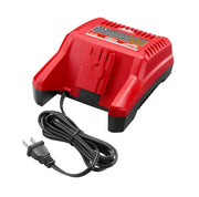 Red and black Milwaukee 28 volt battery charger with power cord and plug attached.