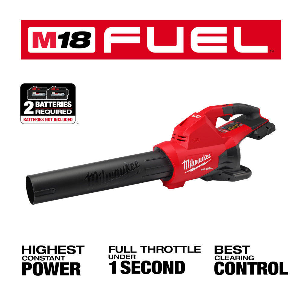 Red and black Milwaukee M18 FUEL handheld blower with dual battery slots and black cylindrical nozzle.