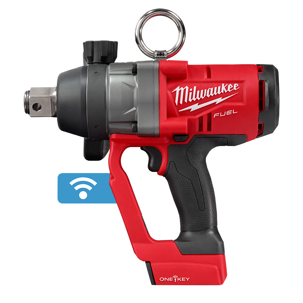 Milwaukee M18 FUEL red and black cordless impact wrench with ONE-KEY connectivity and metal ring handle.