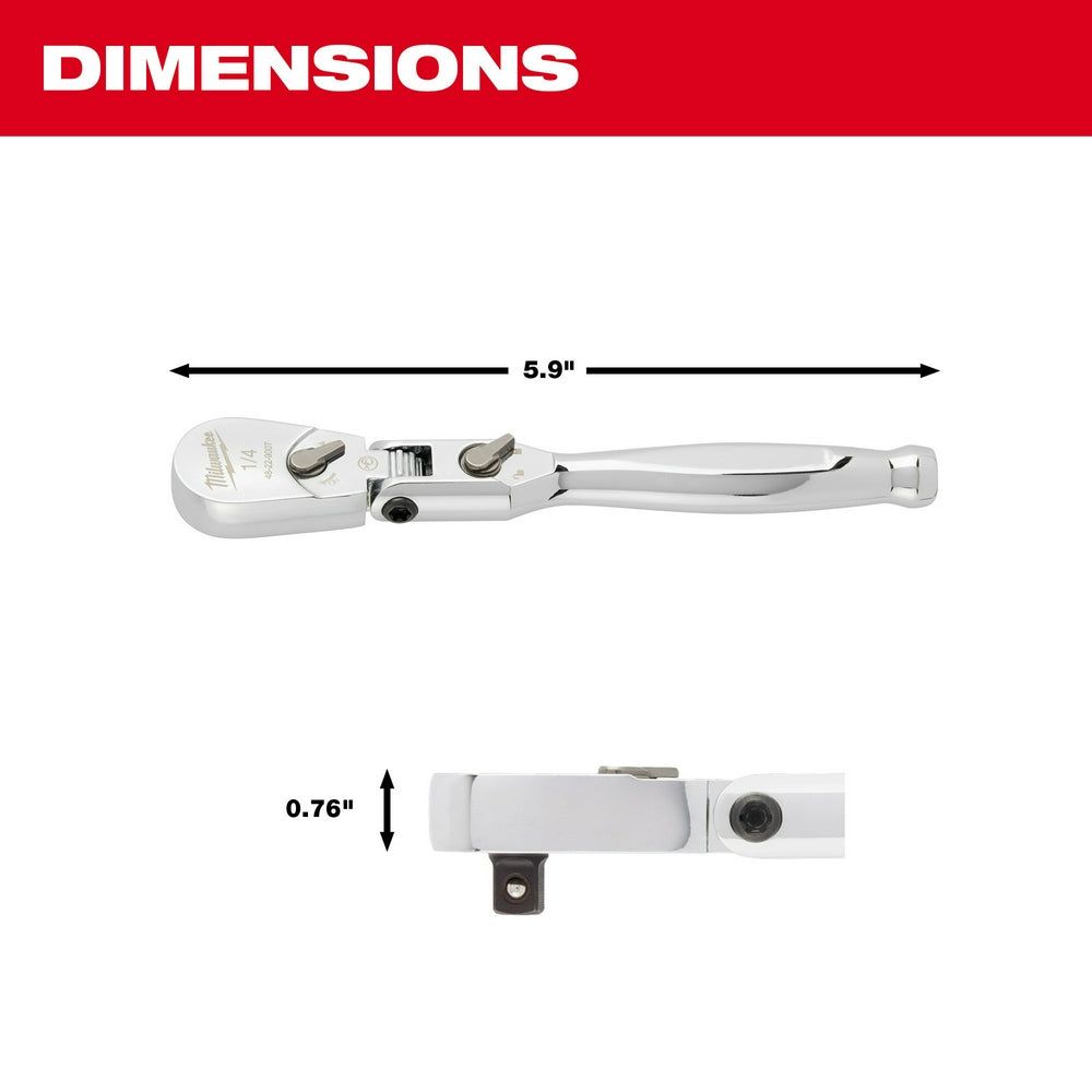 Milwaukee 1/4" drive flex head ratchet shown at 5.9" length with 0.76" width dimension views.