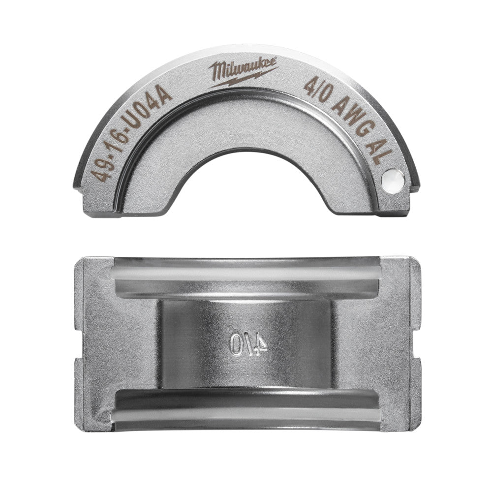Milwaukee 4/0 aluminum U-style die shown as two-piece component with curved top and rectangular bottom piece.
