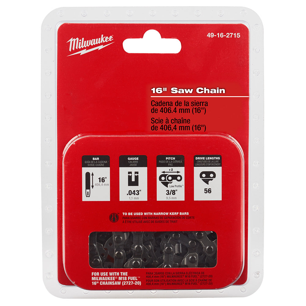 Milwaukee 49-16-2715 16-inch replacement chainsaw chain with .043" gauge and 3/8" pitch on red packaging.