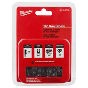 Milwaukee 49-16-2715 16-inch replacement chainsaw chain with .043" gauge and 3/8" pitch on red packaging.