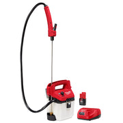 Red and white handheld sprayer with black hose, spray wand, M12 battery, and charger included.
