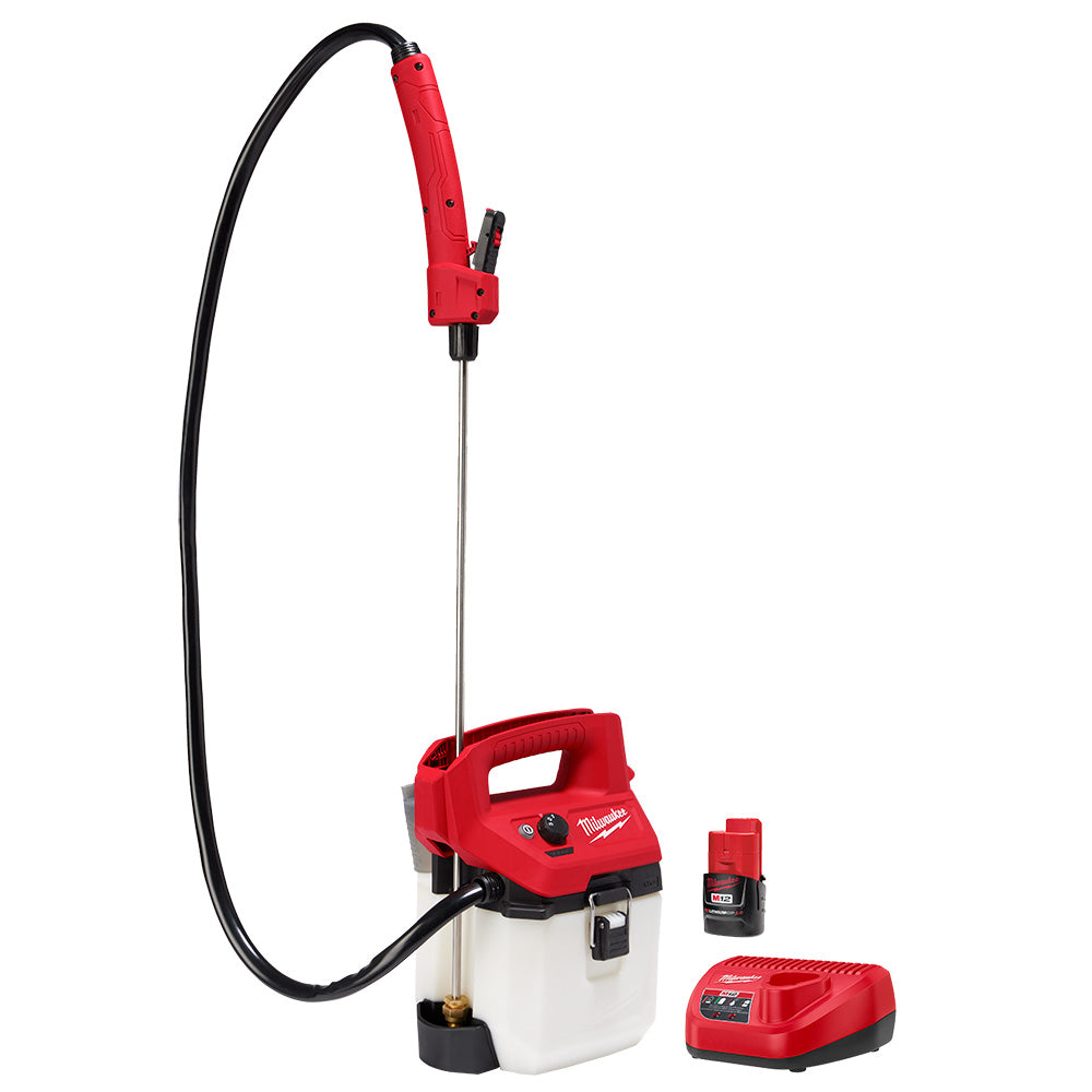 Red and white handheld sprayer with black hose, spray wand, M12 battery, and charger included.